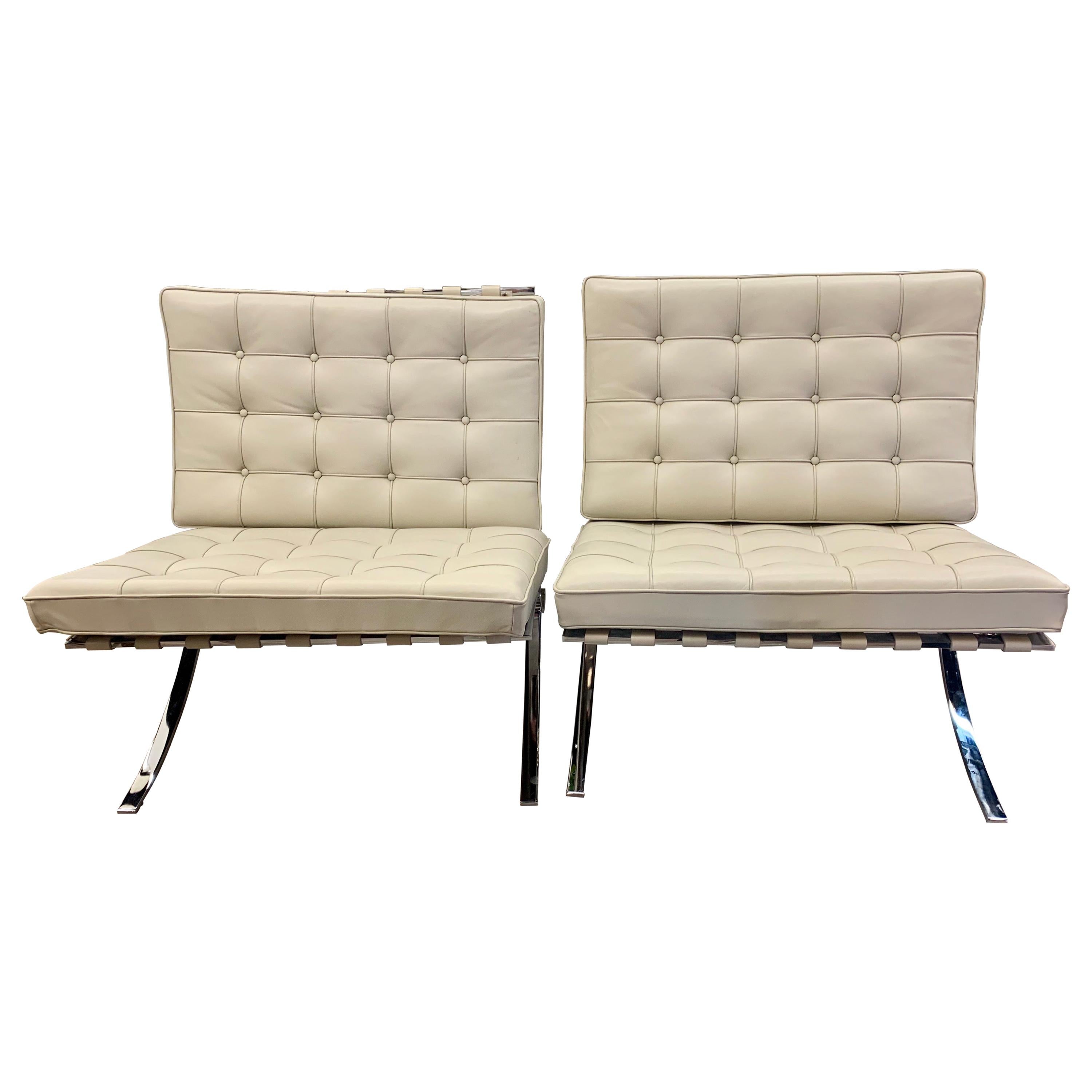 Pair of Signed Knoll Leather Barcelona Chairs by Mies van der Rohe
