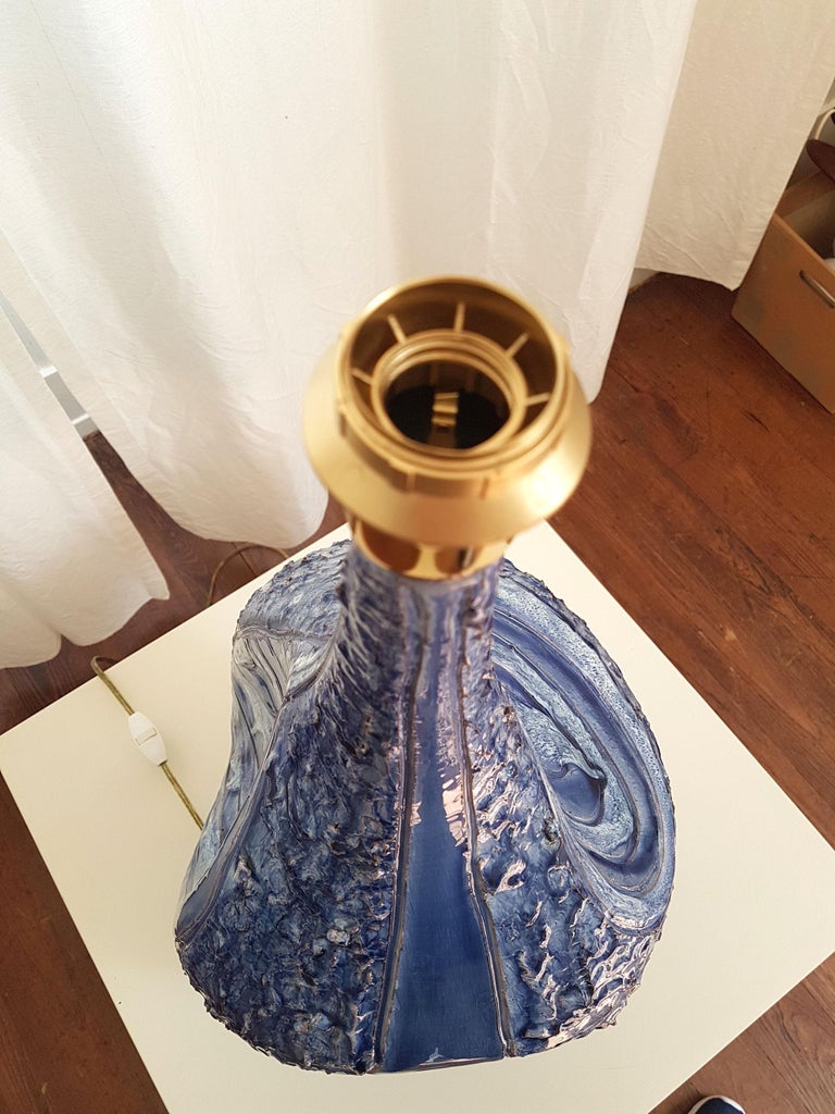 Pair of Signed Extra Large Blue Ceramic Italian Mid Century Handmade Table Lamps For Sale at 1stdibs