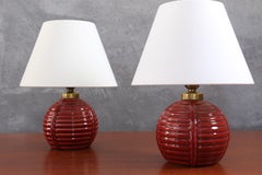 Pair of Signed Longchamp Red Ceramic Table Lamps, French Mid-Century c.1950
