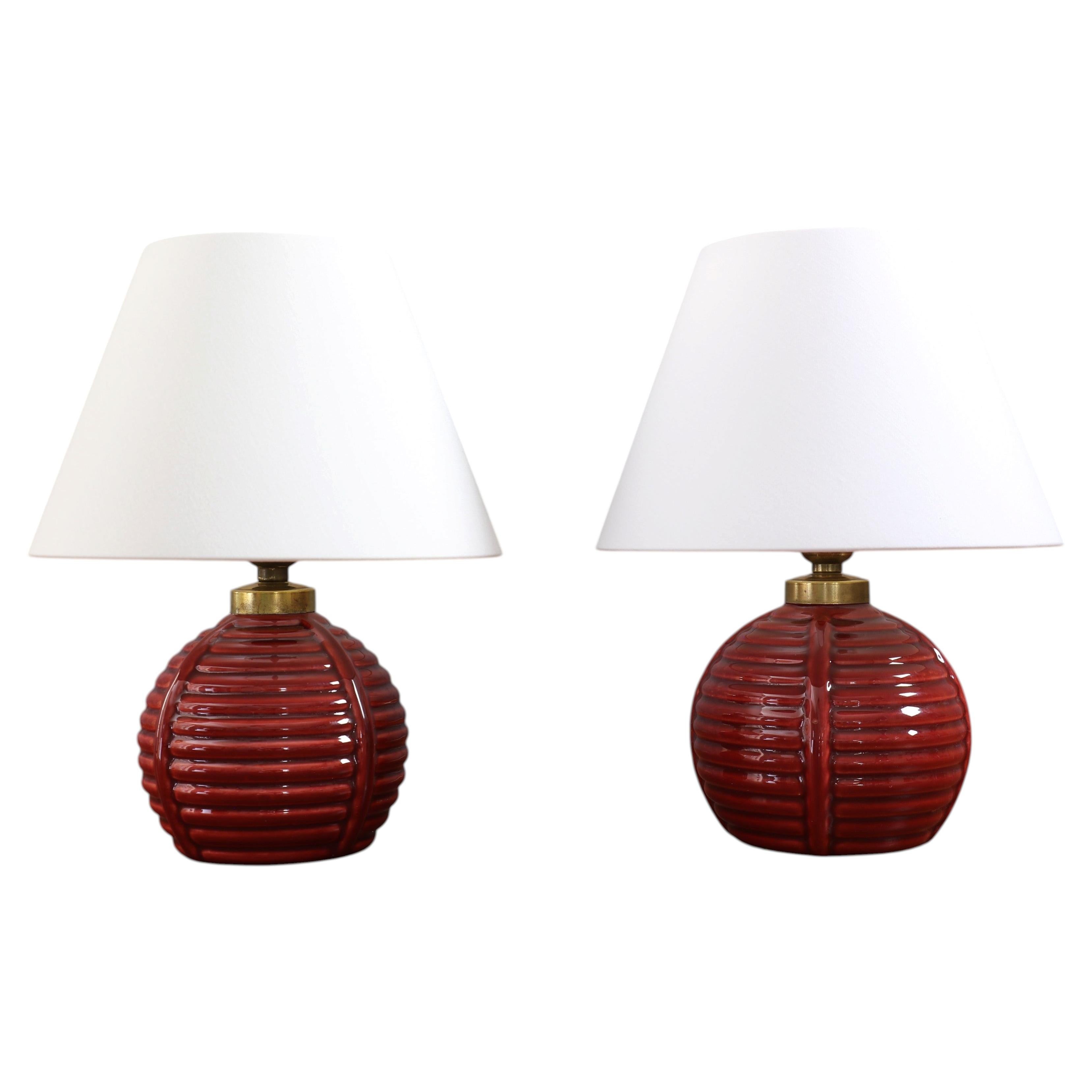 Pair of Signed Longchamp Red Ceramic Table Lamps, French Mid-Century c.1950 For Sale