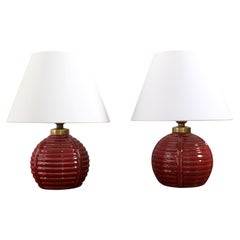 Pair of Signed Longchamp Red Ceramic Table Lamps, French Mid-Century c.1950