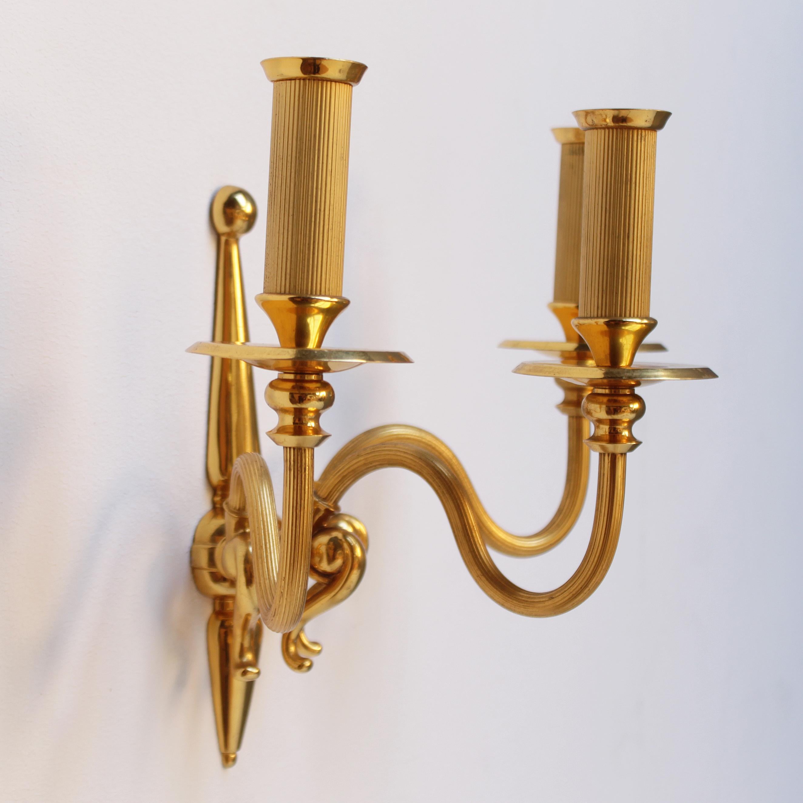 Gilt Pair of Signed Lumi Milano Gold-Plated Sconces For Sale