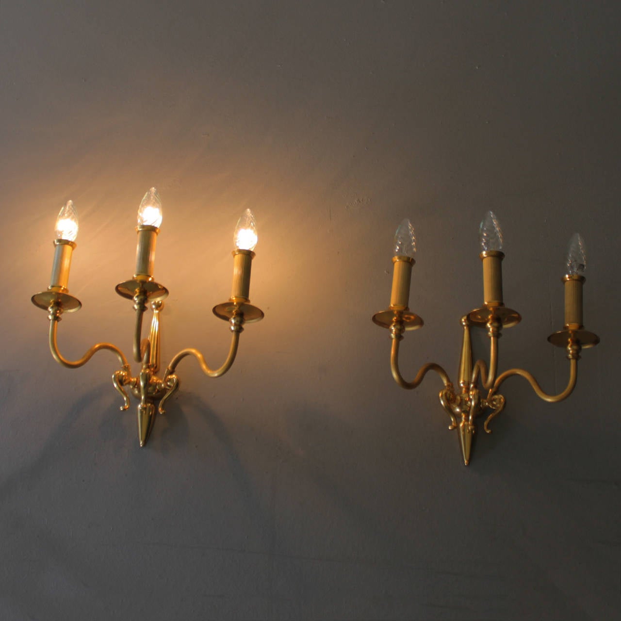 Mid-20th Century Pair of Signed Lumi Milano Gold-Plated Sconces For Sale