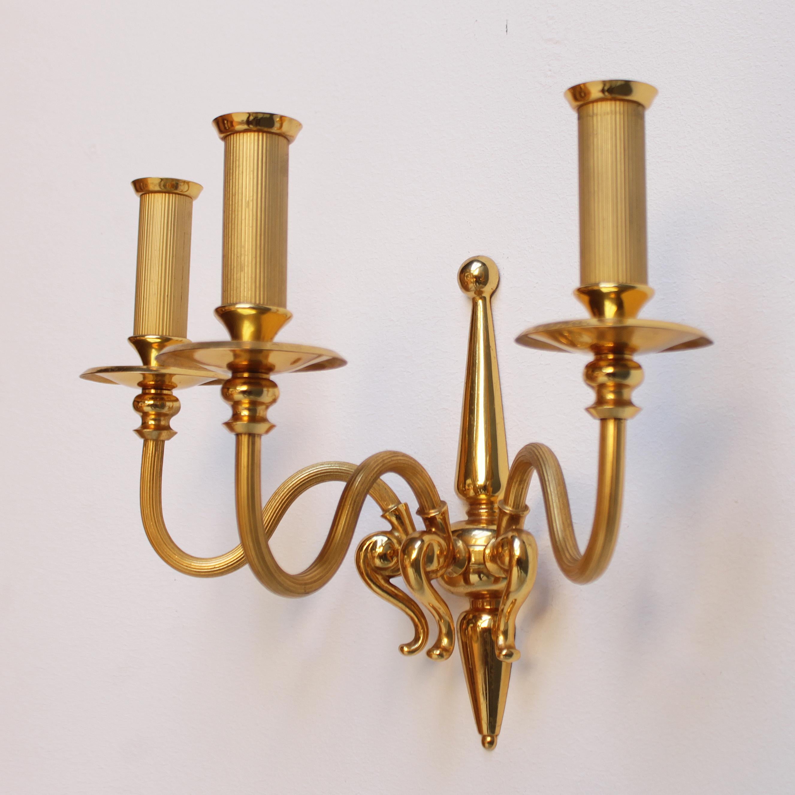 Brass Pair of Signed Lumi Milano Gold-Plated Sconces For Sale