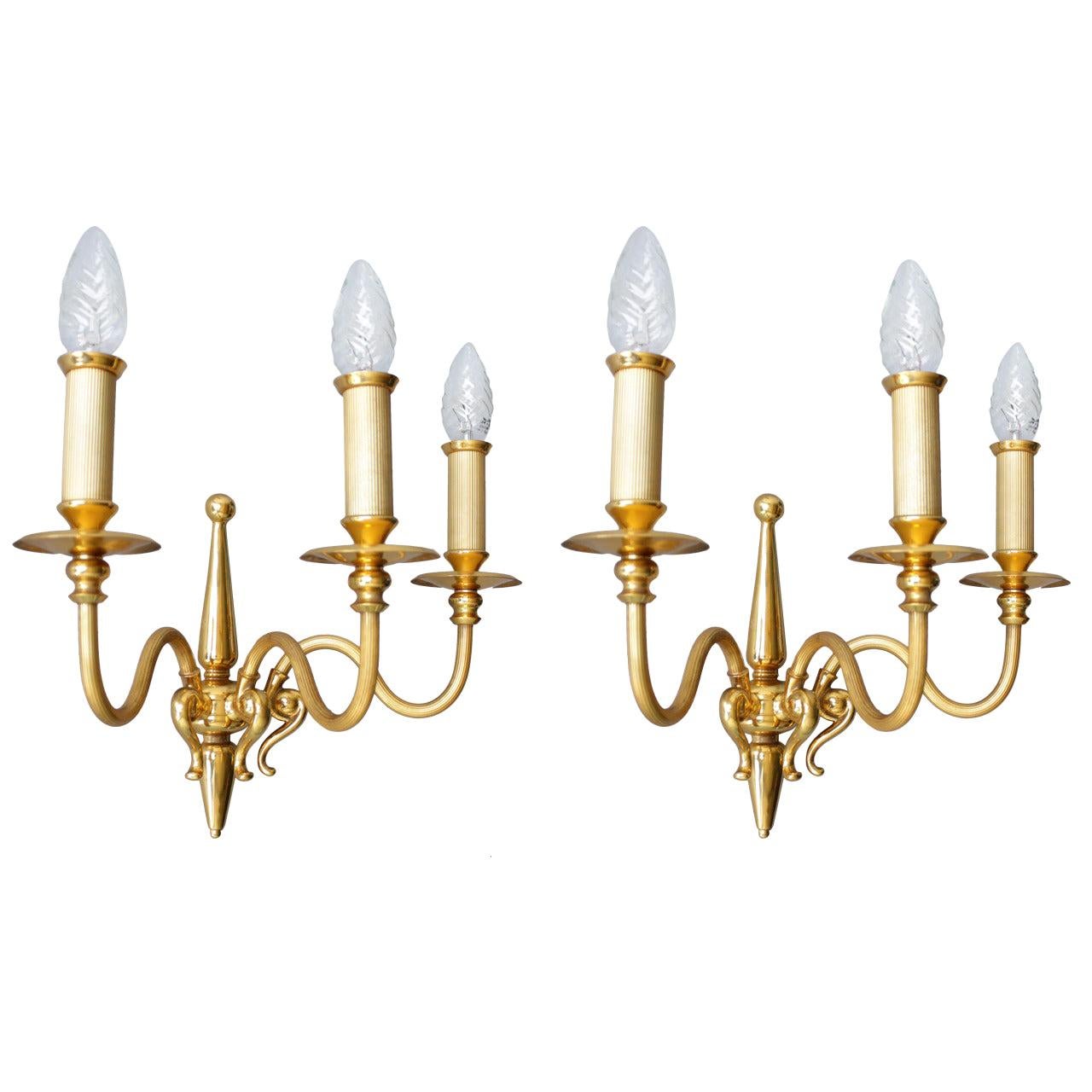 Pair of Signed Lumi Milano Gold-Plated Sconces For Sale