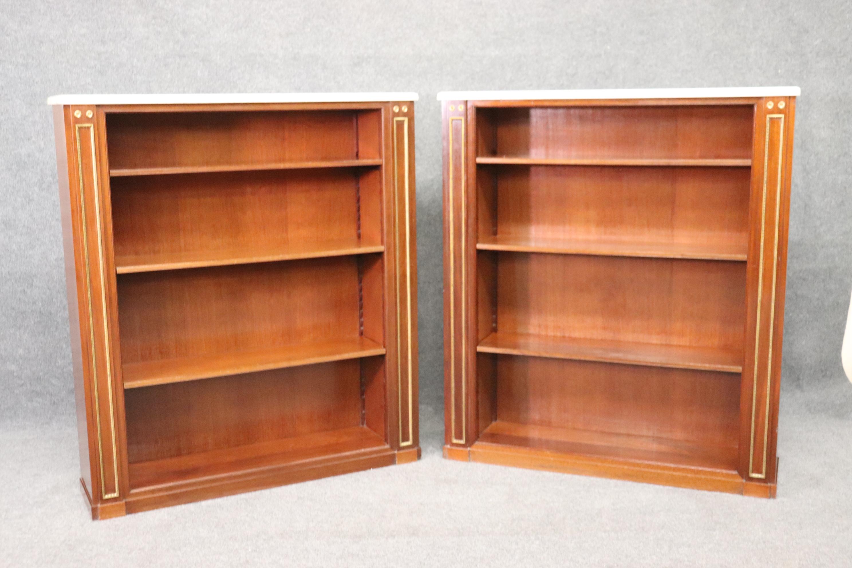 Directoire Pair of Signed Maison Jansen Marble Top Brass Trimmed Bookcases Book Shelves For Sale