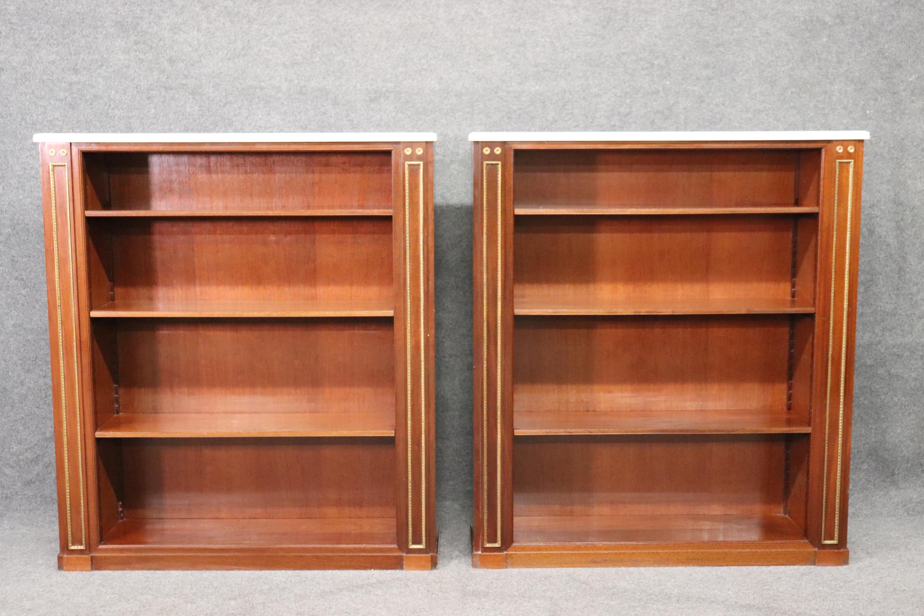 French Pair of Signed Maison Jansen Marble Top Brass Trimmed Bookcases Book Shelves For Sale