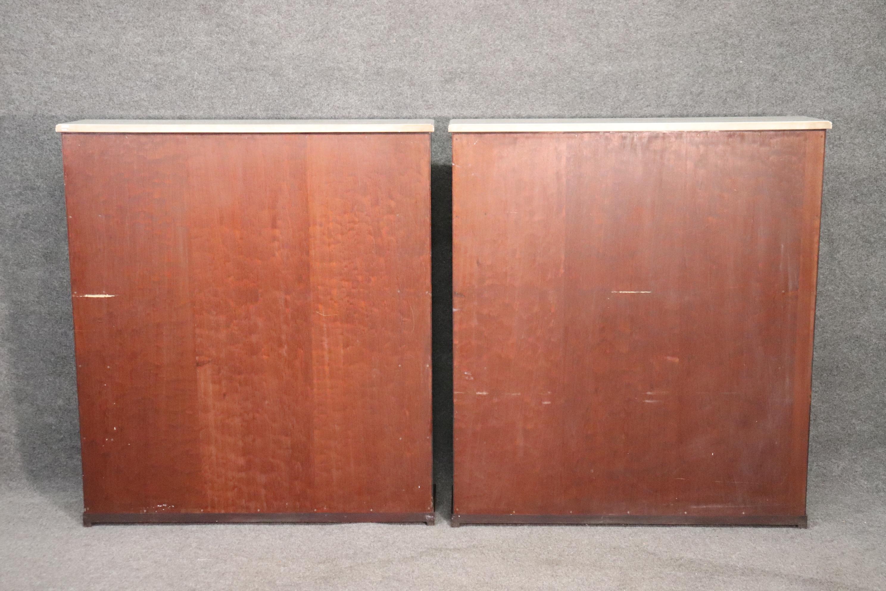 Mid-20th Century Pair of Signed Maison Jansen Marble Top Brass Trimmed Bookcases Book Shelves For Sale
