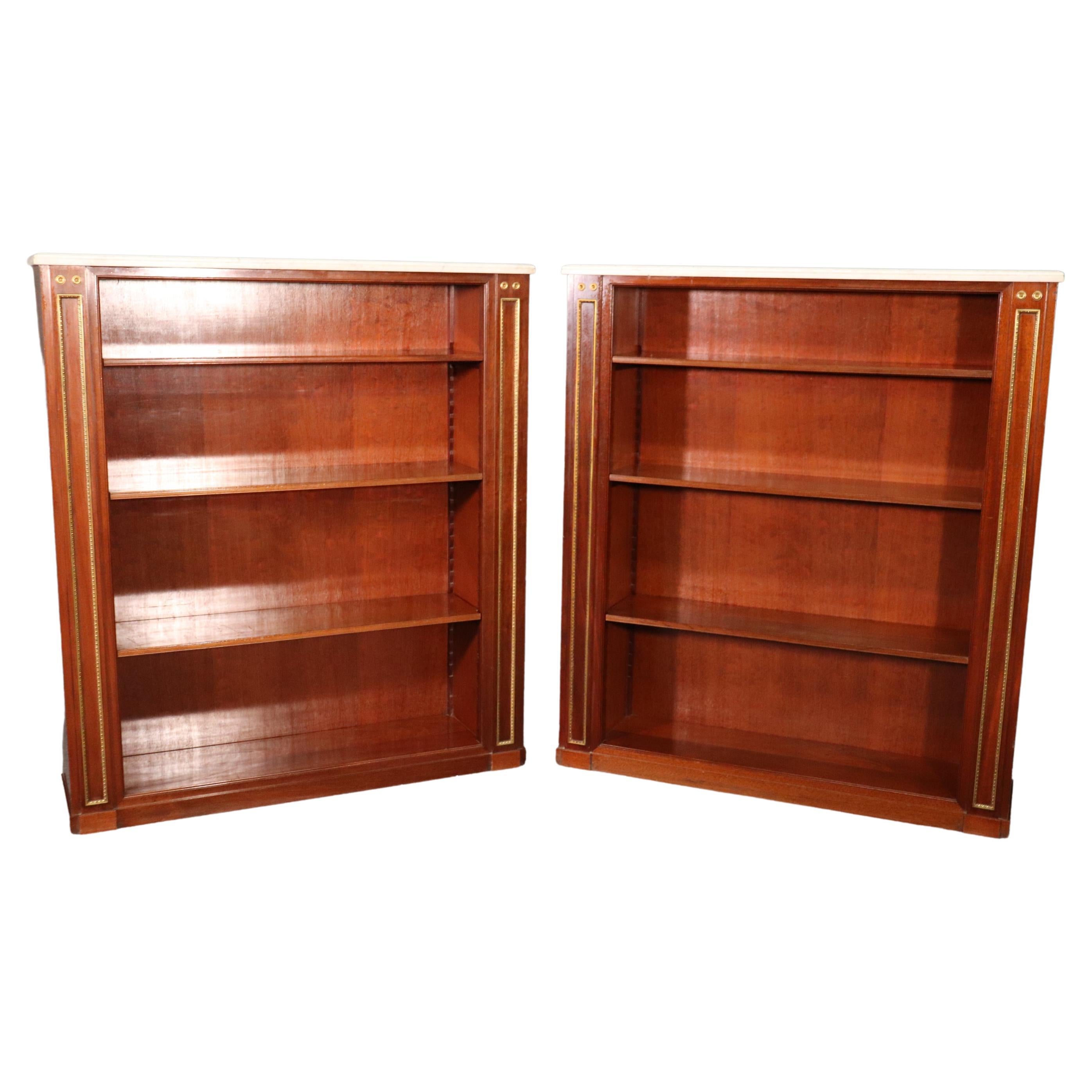 Pair of Signed Maison Jansen Marble Top Brass Trimmed Bookcases Book Shelves For Sale