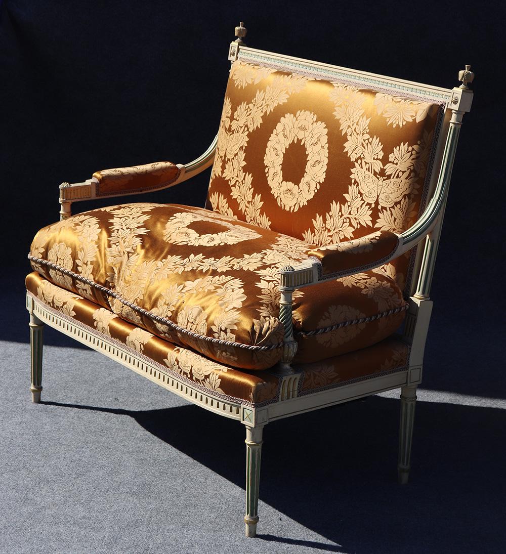 These are an absolutely gorgeous pair of 1890s French signed Maison Jansen settees that match a pair of armchairs and 4 side chairs we have listed separately. The settees feature mortice and tenon joinery. The painted frames are very well done and