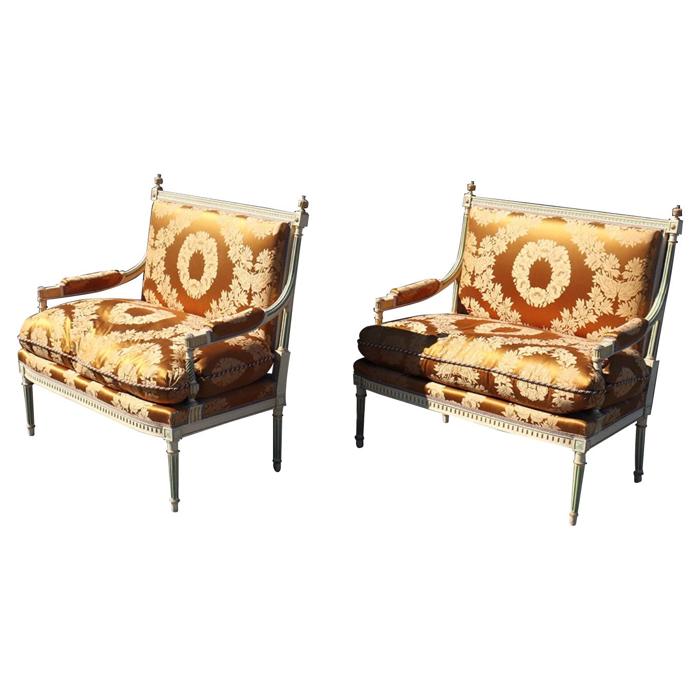 Pair of Signed Maison Jansen Paint Decorated Louis XVI Style Settees Sofas