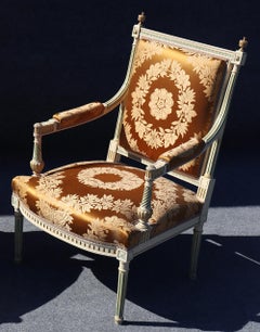 Pair of Signed Maison Jansen Paint Decorated Silk Damask Fauteuils Armchairs