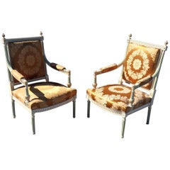 Pair of Signed Maison Jansen Paint Decorated Silk Damask Fauteuils Armchairs