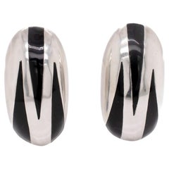 Pair of Signed Mexican Sterling Silver & Back Enamel Clip Earrings