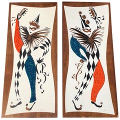 Pair of Signed Mid-Century Modern Jester Wall Plaques