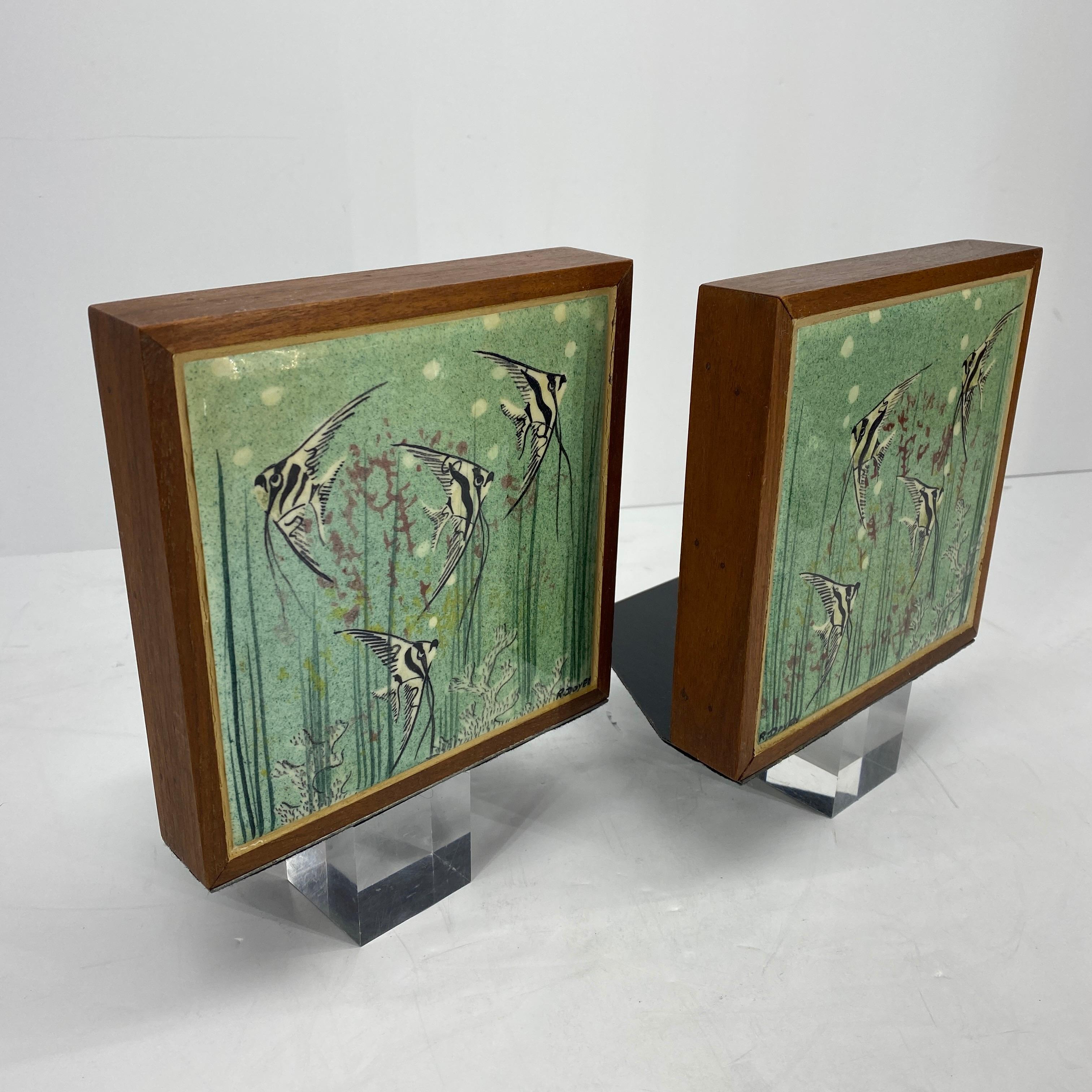 Pair of Signed Mid-Century Modern Walnut and Tile Book Ends 7