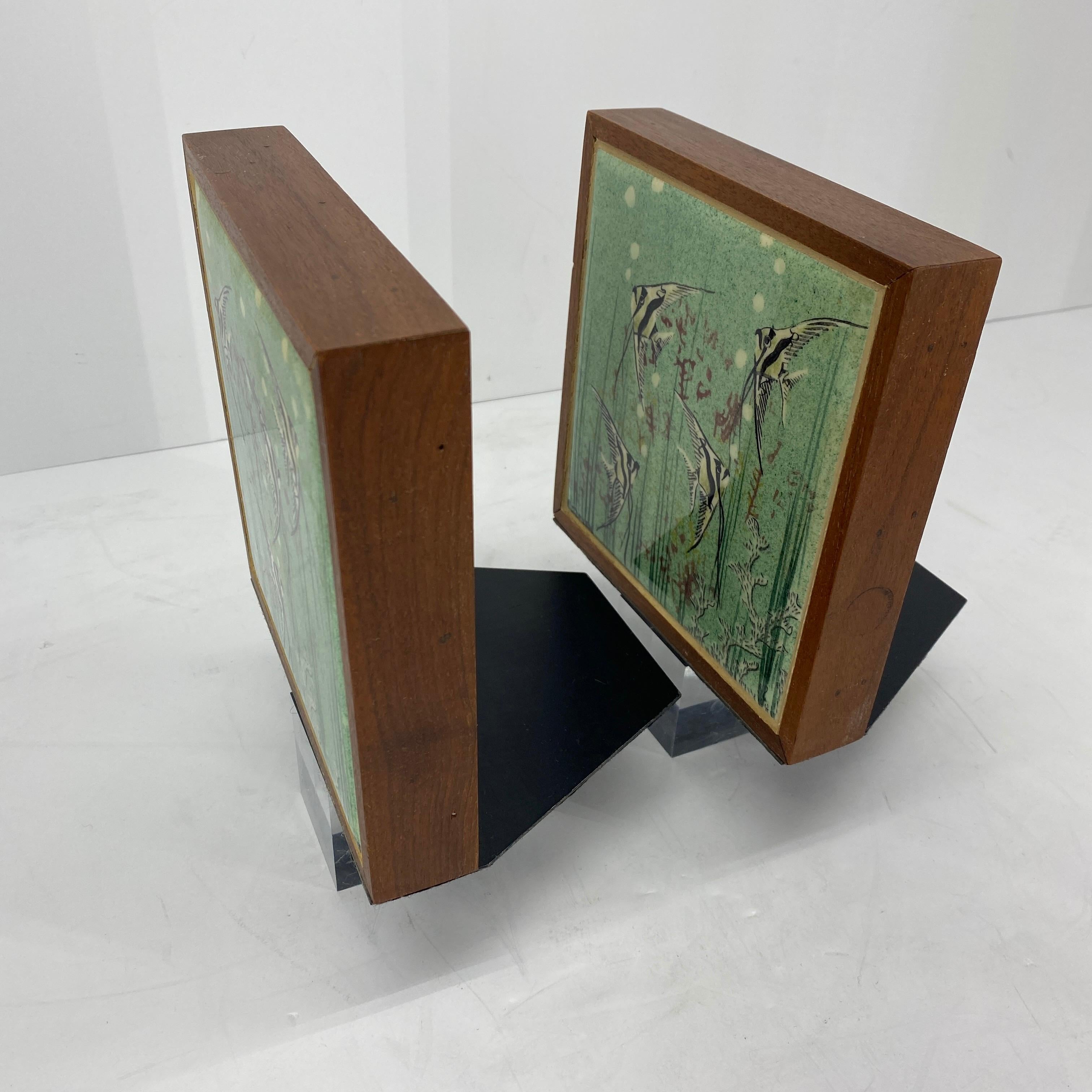 Pair of Signed Mid-Century Modern Walnut and Tile Book Ends 9