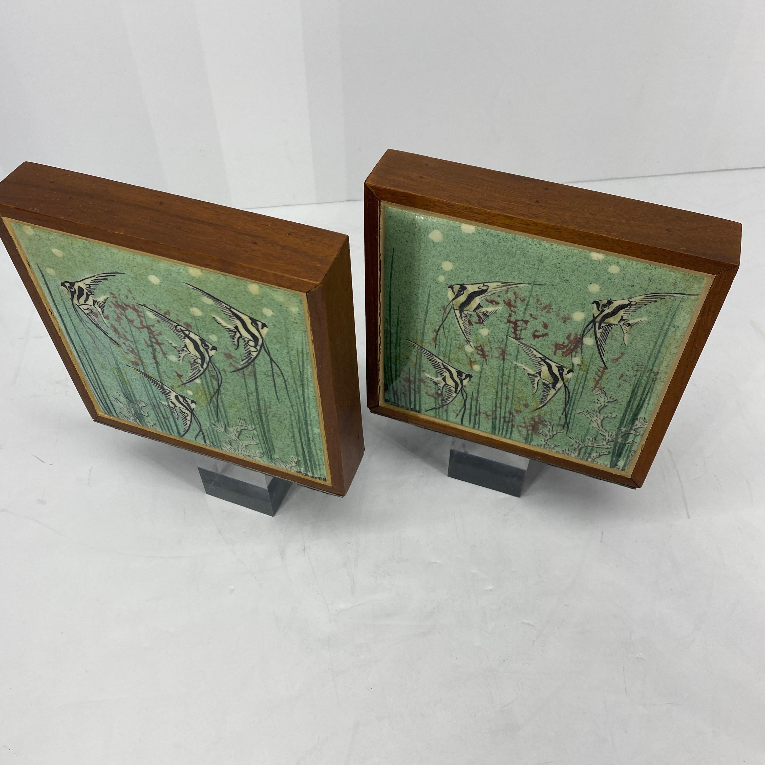 Pair of Signed Mid-Century Modern Walnut and Tile Book Ends 10