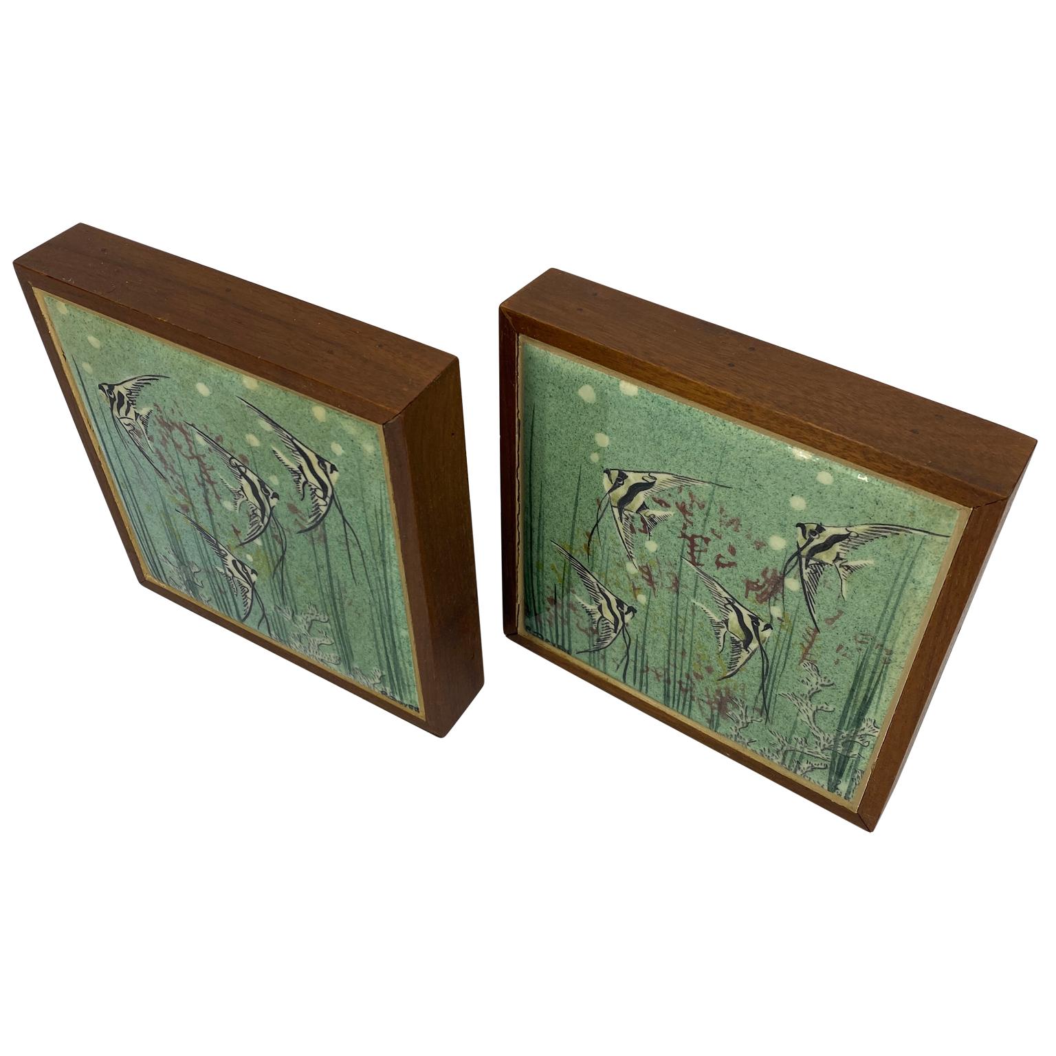 American Pair of Signed Mid-Century Modern Walnut and Tile Book Ends