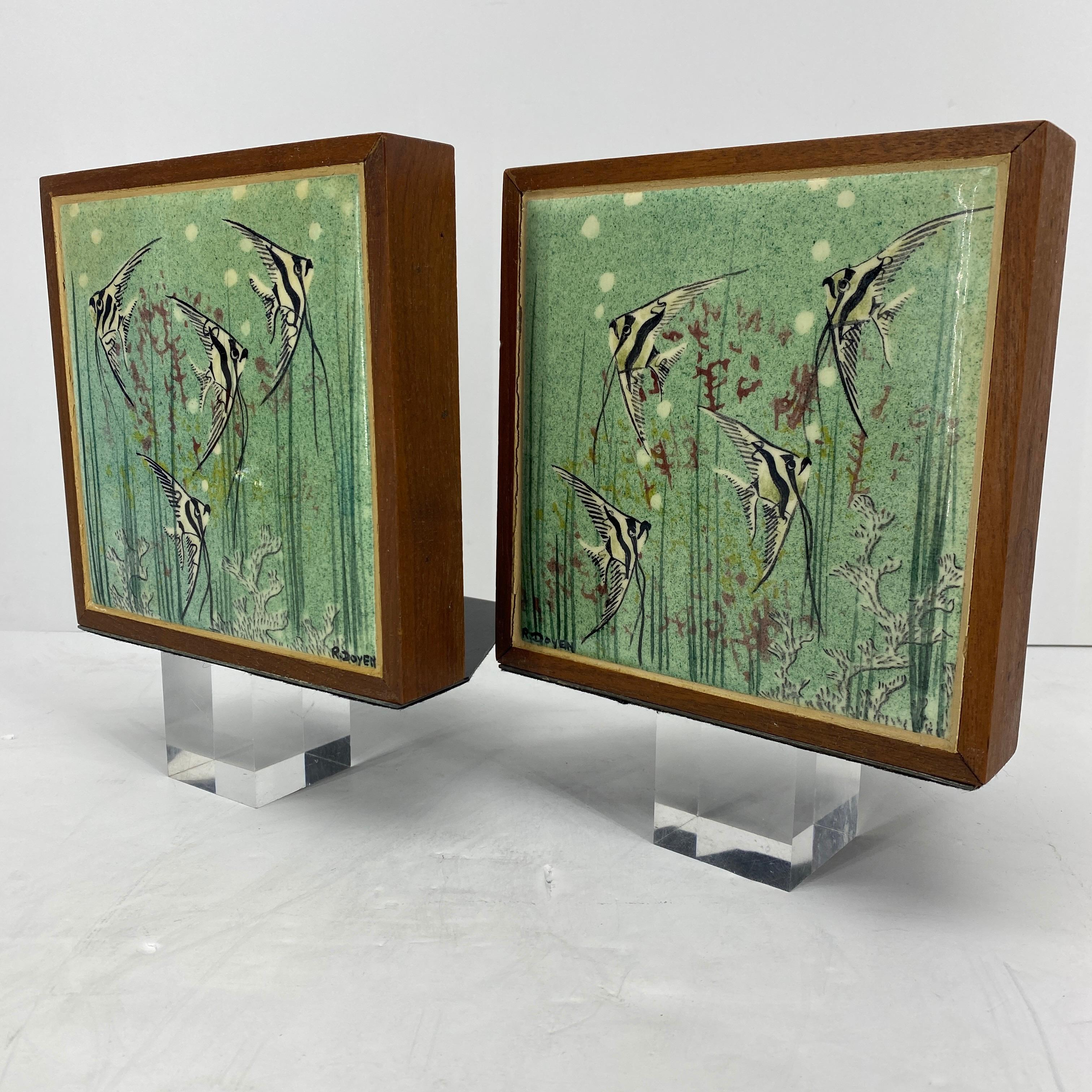 Pair of Signed Mid-Century Modern Walnut and Tile Book Ends 3