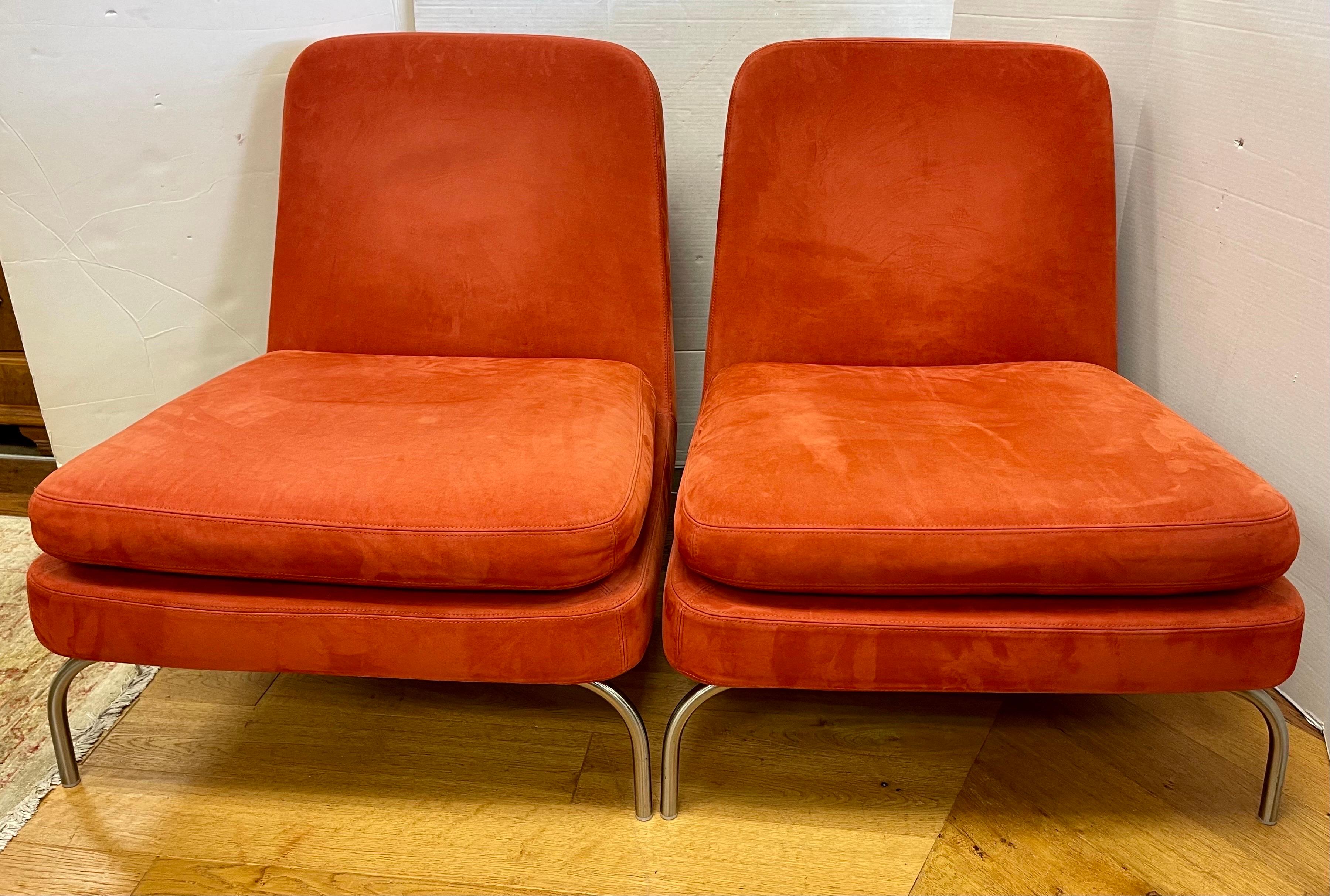 Mid-Century Modern Pair of Signed Minotti Gigi Radice Designed Orange Suede Lounge Chairs Italy