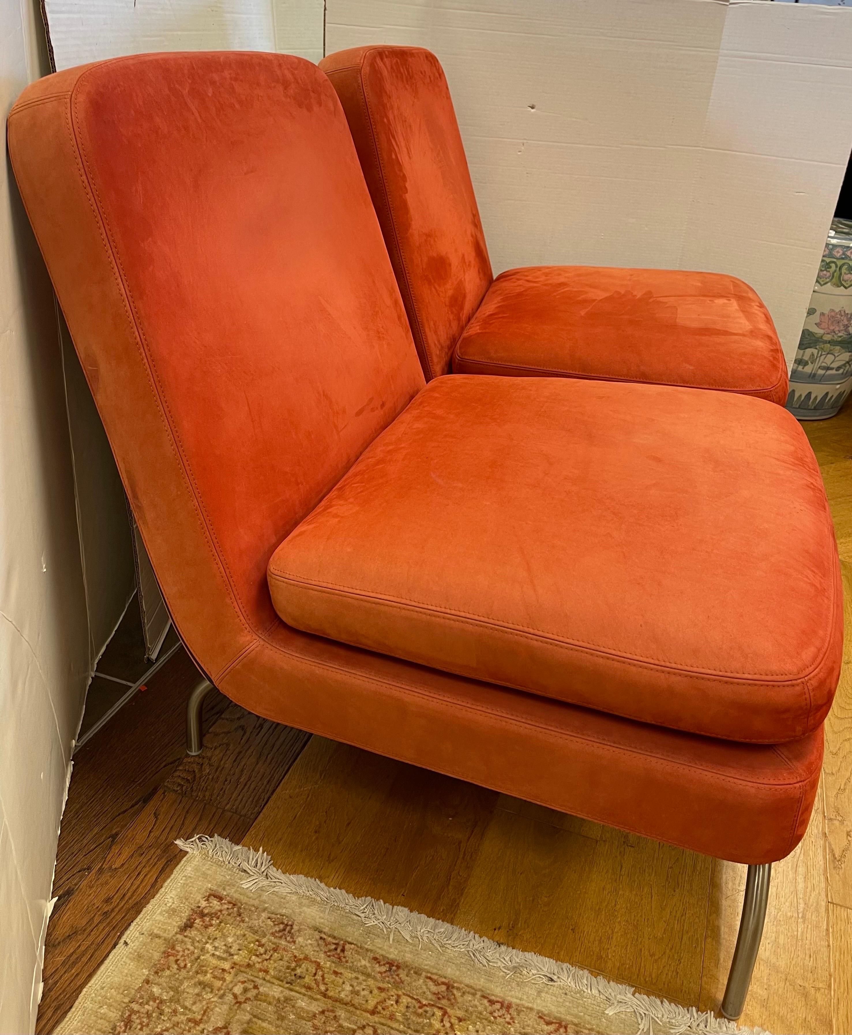 Pair of Signed Minotti Gigi Radice Designed Orange Suede Lounge Chairs Italy In Good Condition In West Hartford, CT