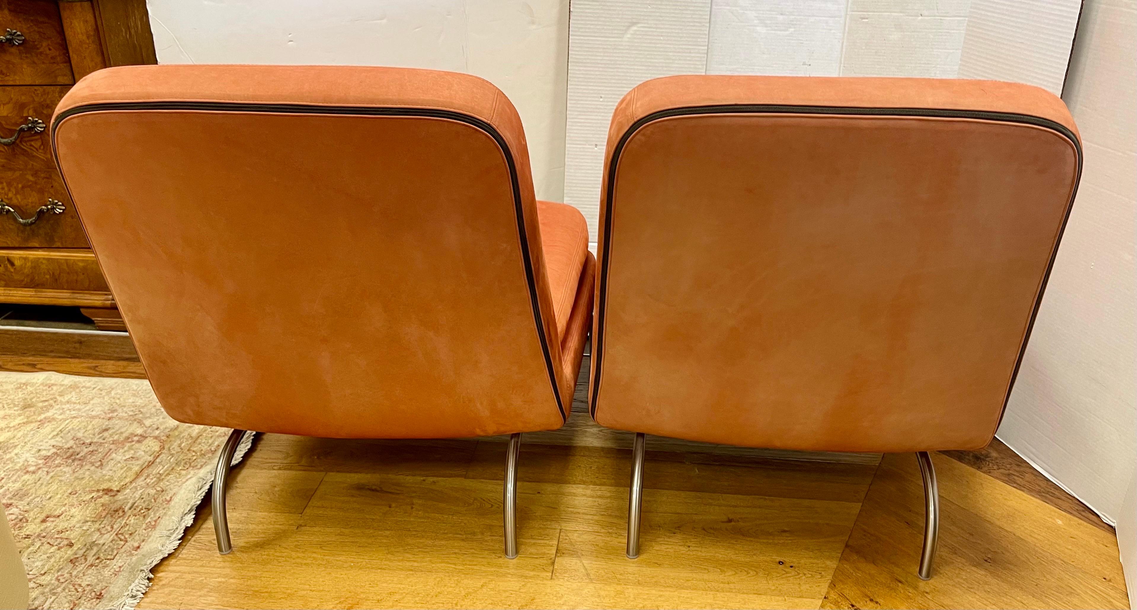 Steel Pair of Signed Minotti Gigi Radice Designed Orange Suede Lounge Chairs Italy