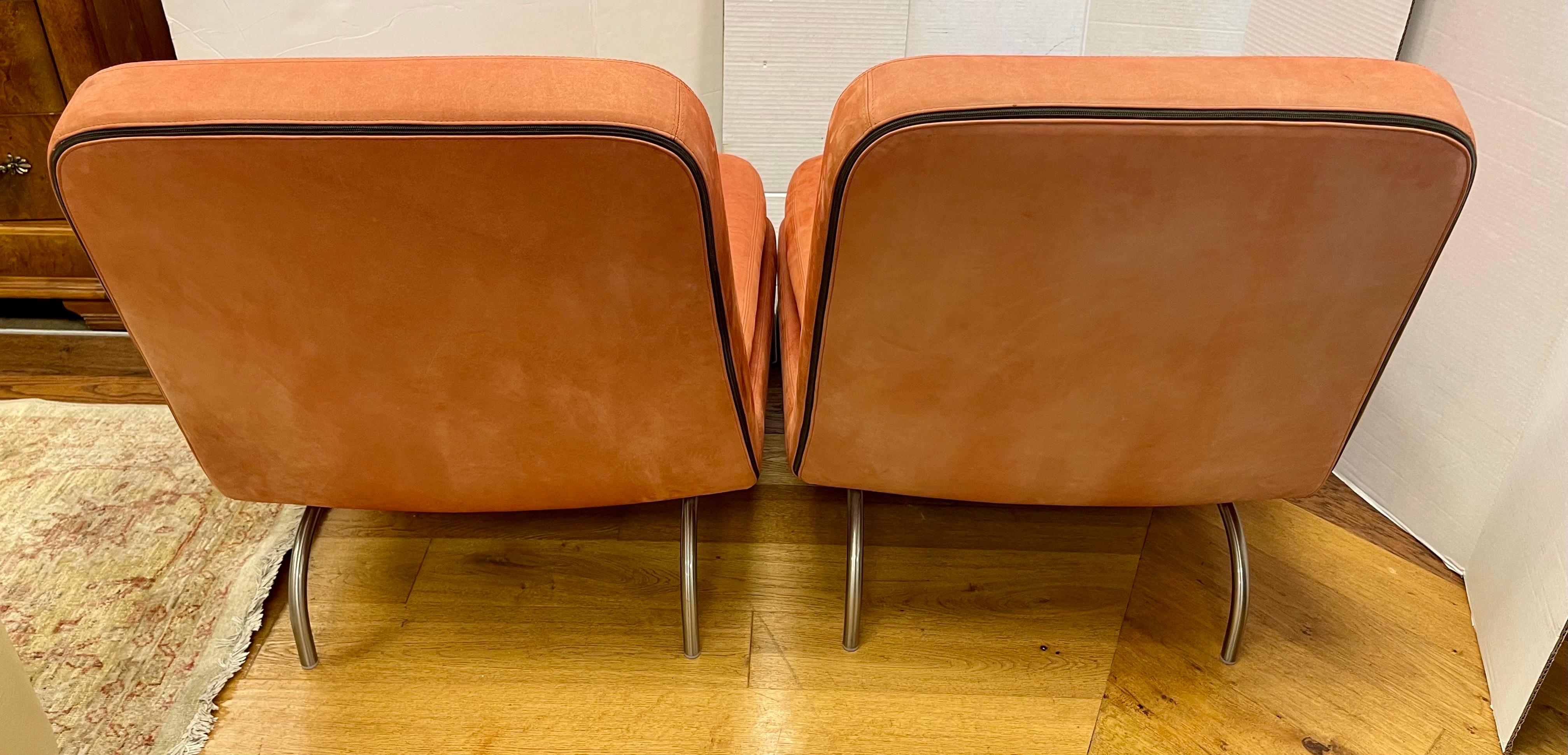 Pair of Signed Minotti Gigi Radice Designed Orange Suede Lounge Chairs Italy 1