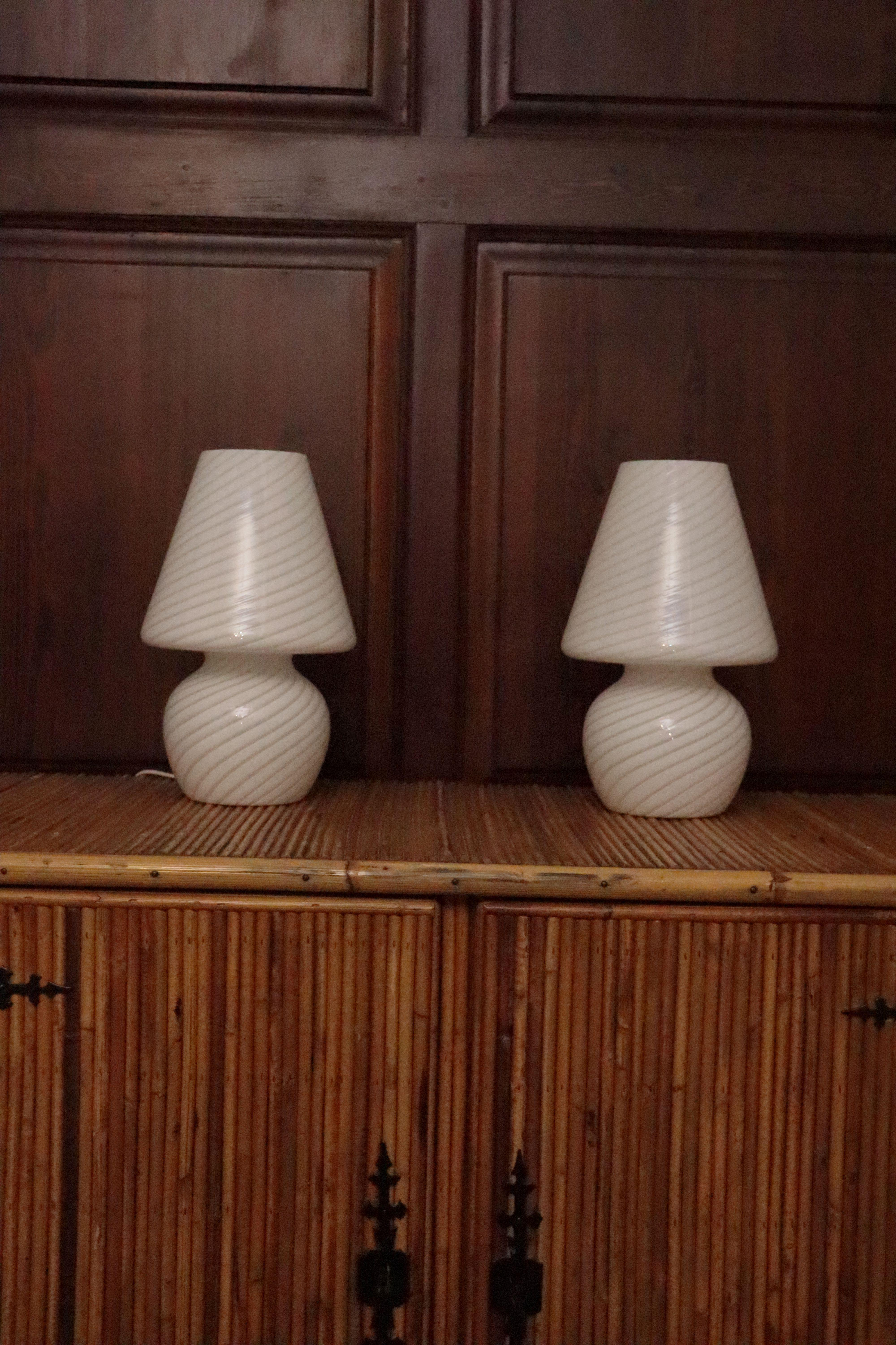 pretty pair of bedside lamps in white and opalescent murano glass signed by de majo a electrified murano, works