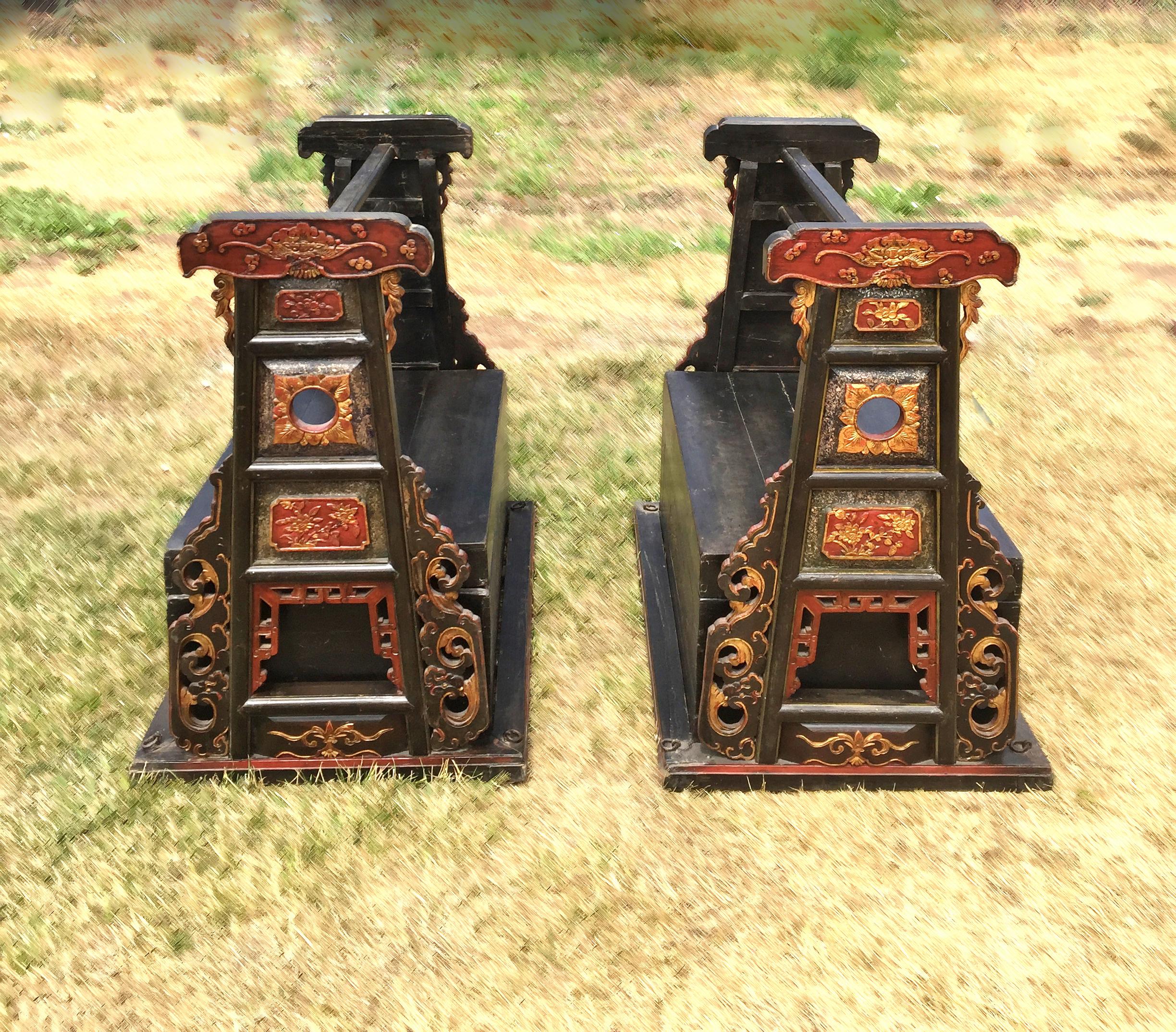 A Pair of rare Chinese republic era wedding baskets. The use of red lacquer and gilding provides a visual contrast against the mainly black baskets. The sides of the basket are elaborately decorated with carved flowers and auspicious symbols.