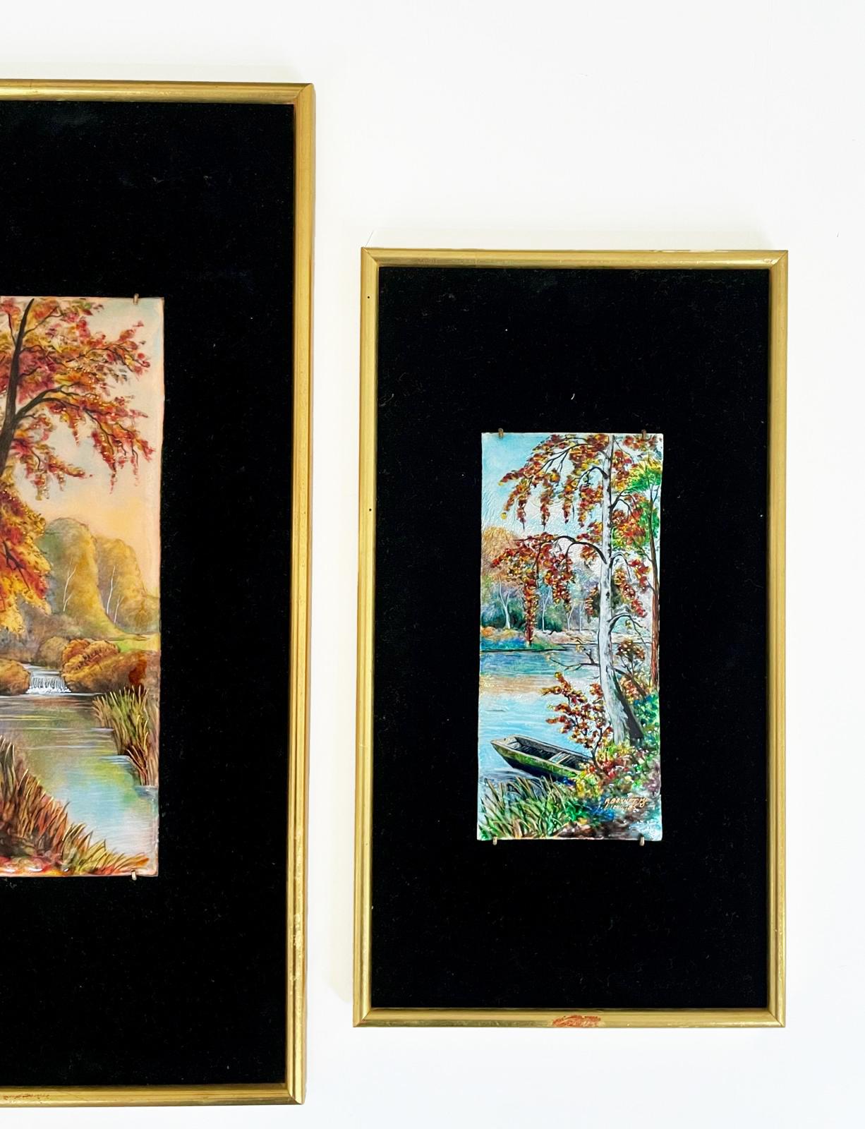 A rare and elegant pair of Limoges enamel landscape paintings by French artist P. Bonnet (Pierre Bonnet is a master enameler and Meilleur Ouvrier de France), each meticulously hand-painted on enamel, then set against a deep black velvet background