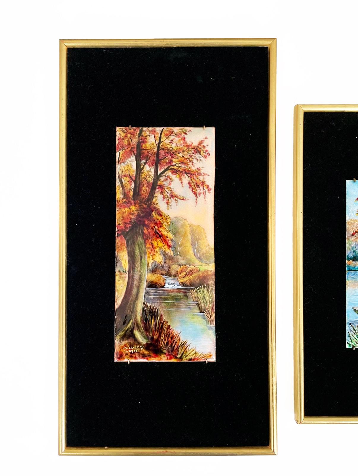 French Pair of signed P. Bonnet Limoges Enamel Landscape paintings on Velvet Background For Sale