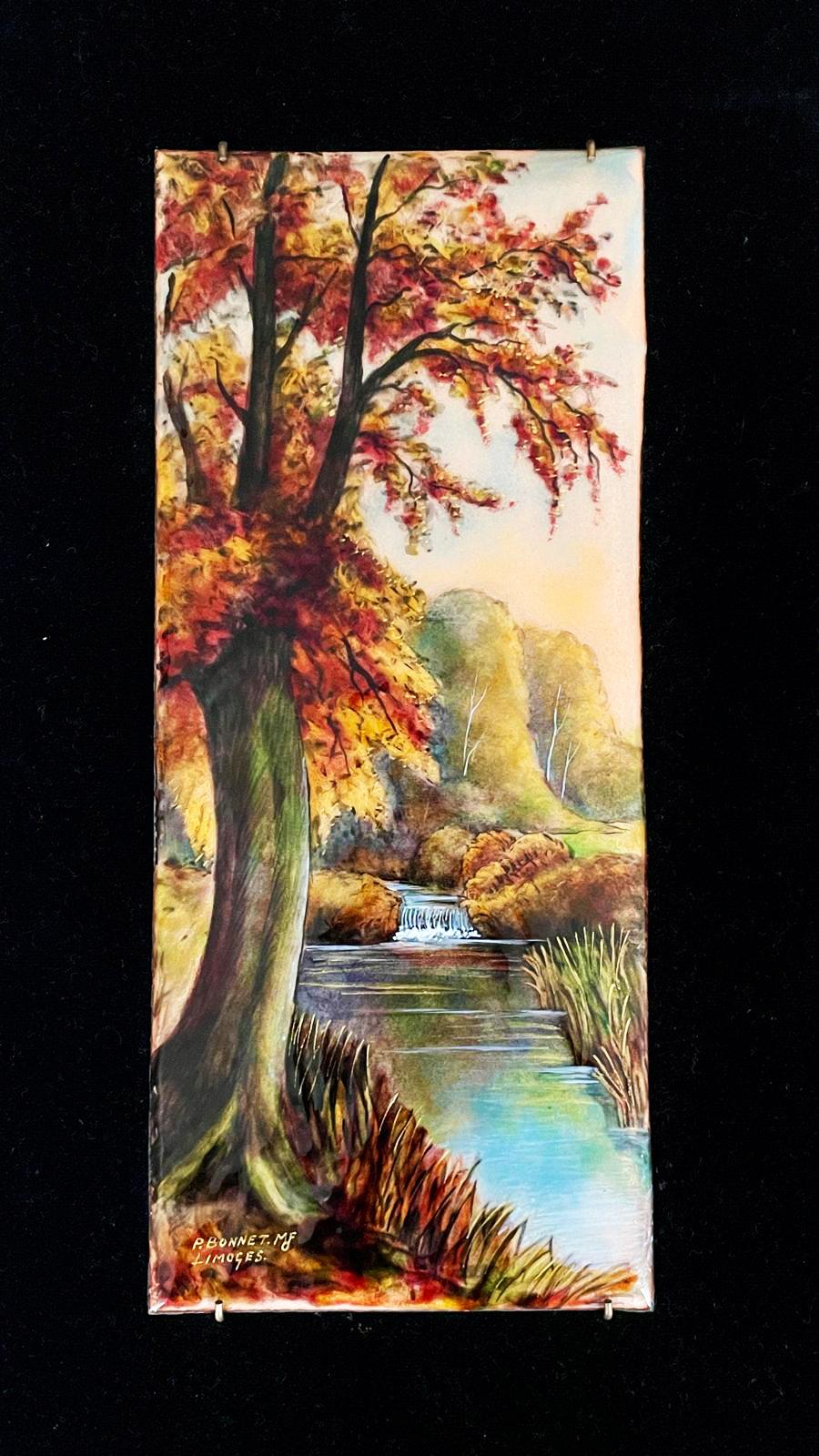 Pair of signed P. Bonnet Limoges Enamel Landscape paintings on Velvet Background In Good Condition For Sale In London, GB