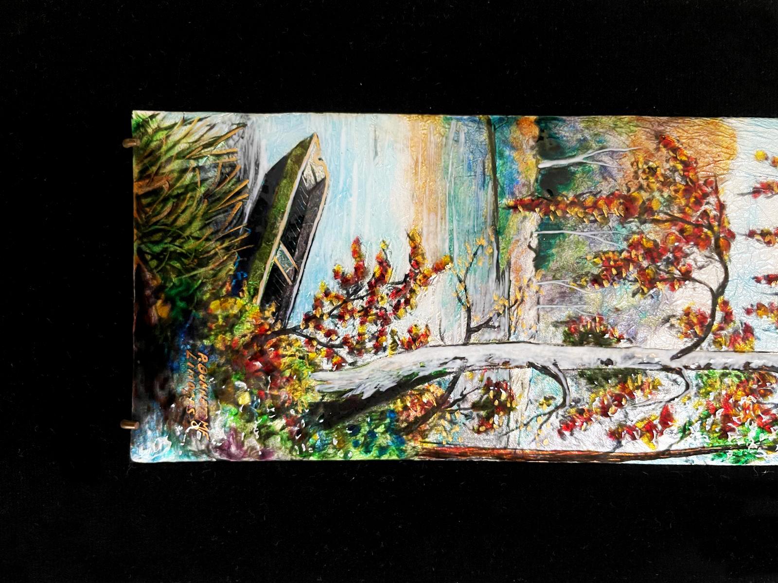 20th Century Pair of signed P. Bonnet Limoges Enamel Landscape paintings on Velvet Background For Sale