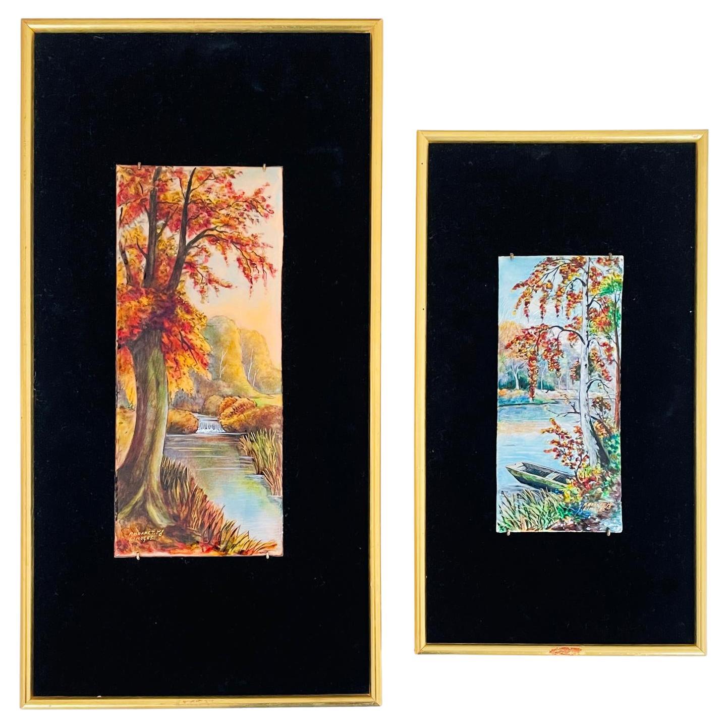 Pair of signed P. Bonnet Limoges Enamel Landscape paintings on Velvet Background For Sale