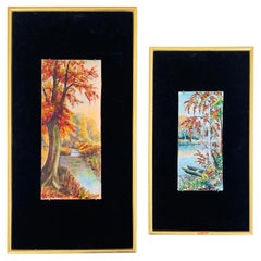 Vintage Pair of signed P. Bonnet Limoges Enamel Landscape paintings on Velvet Background