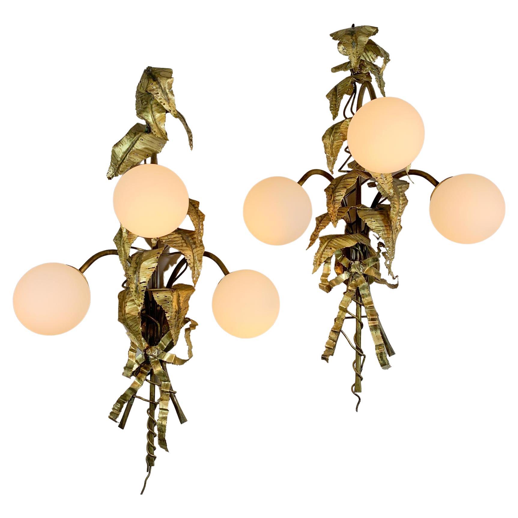 Signed P. Mas Rossi Naturalistic Gold Leaf Wall Lights For Sale