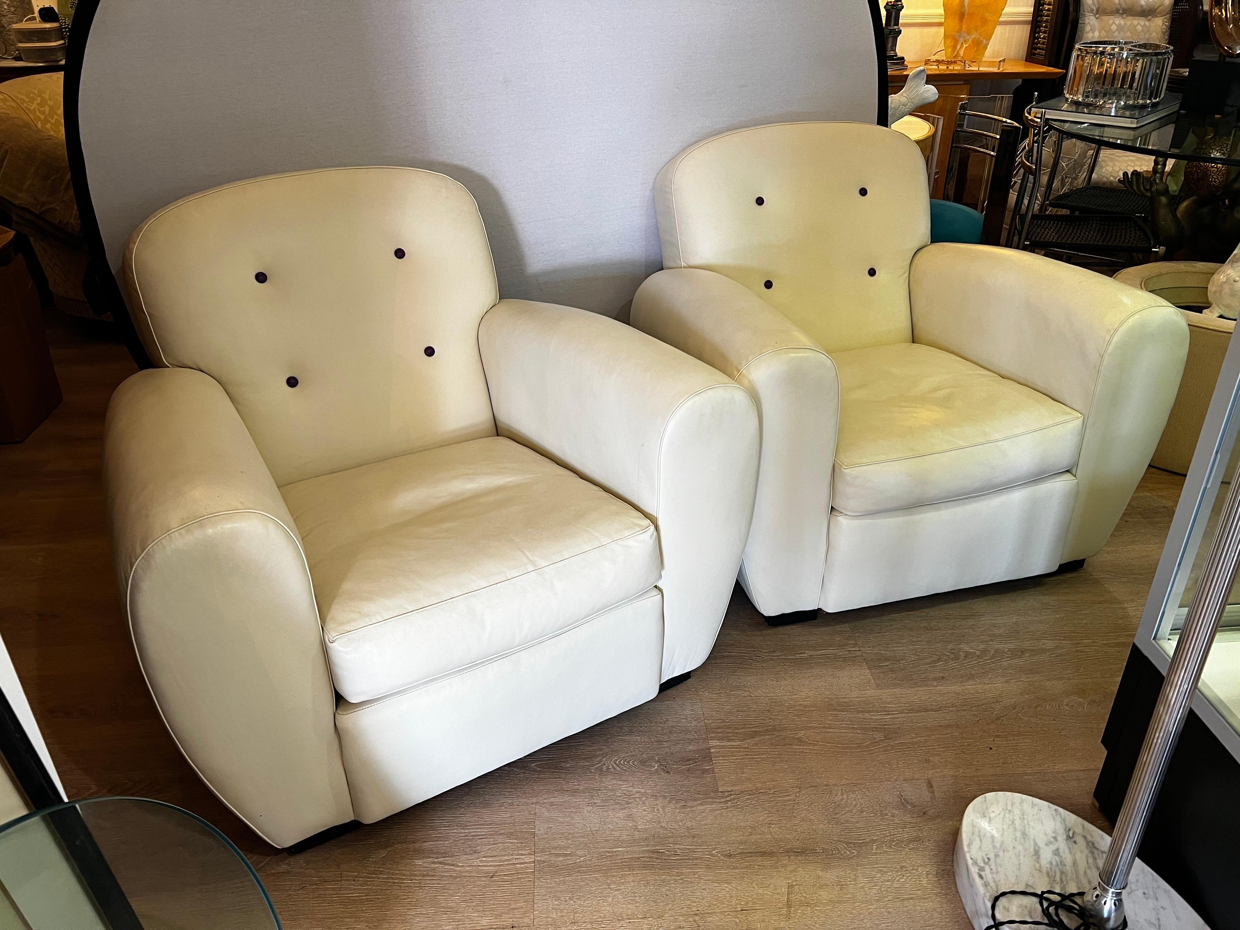 Pair of Signed Ralph Lauren Vintage Art Deco Leather Club Chairs In Good Condition For Sale In West Hartford, CT