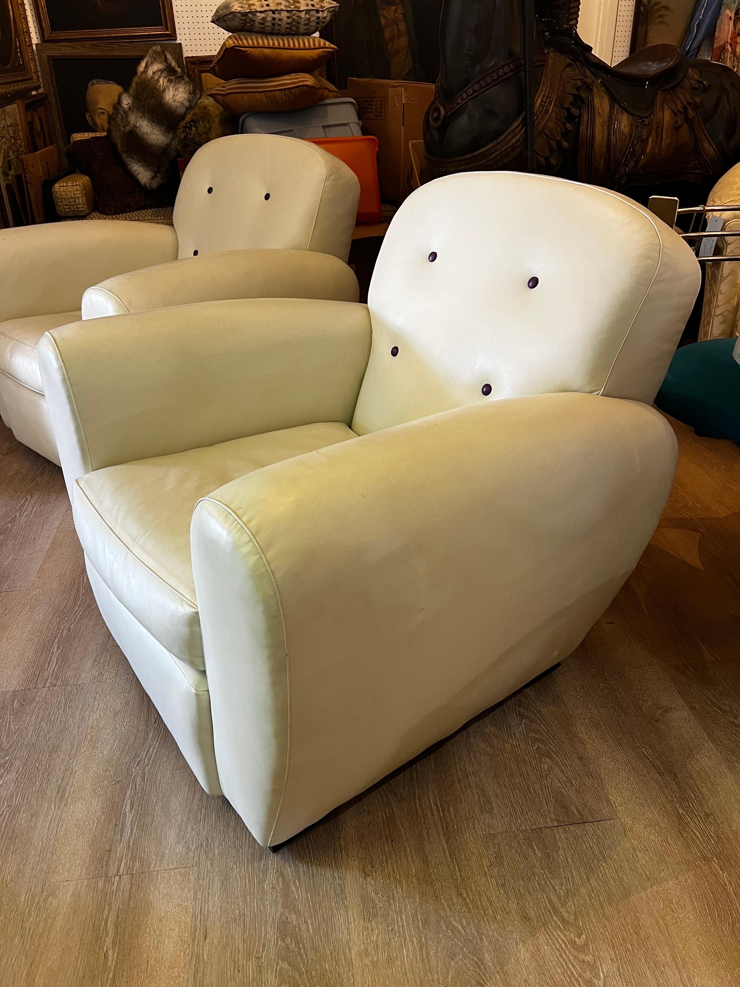 Pair of Signed Ralph Lauren Vintage Art Deco Leather Club Chairs For Sale 1