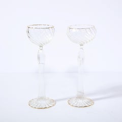 Pair of Signed Renata Gandini Modernist Clear Glass & 24kt Gold Candlesticks