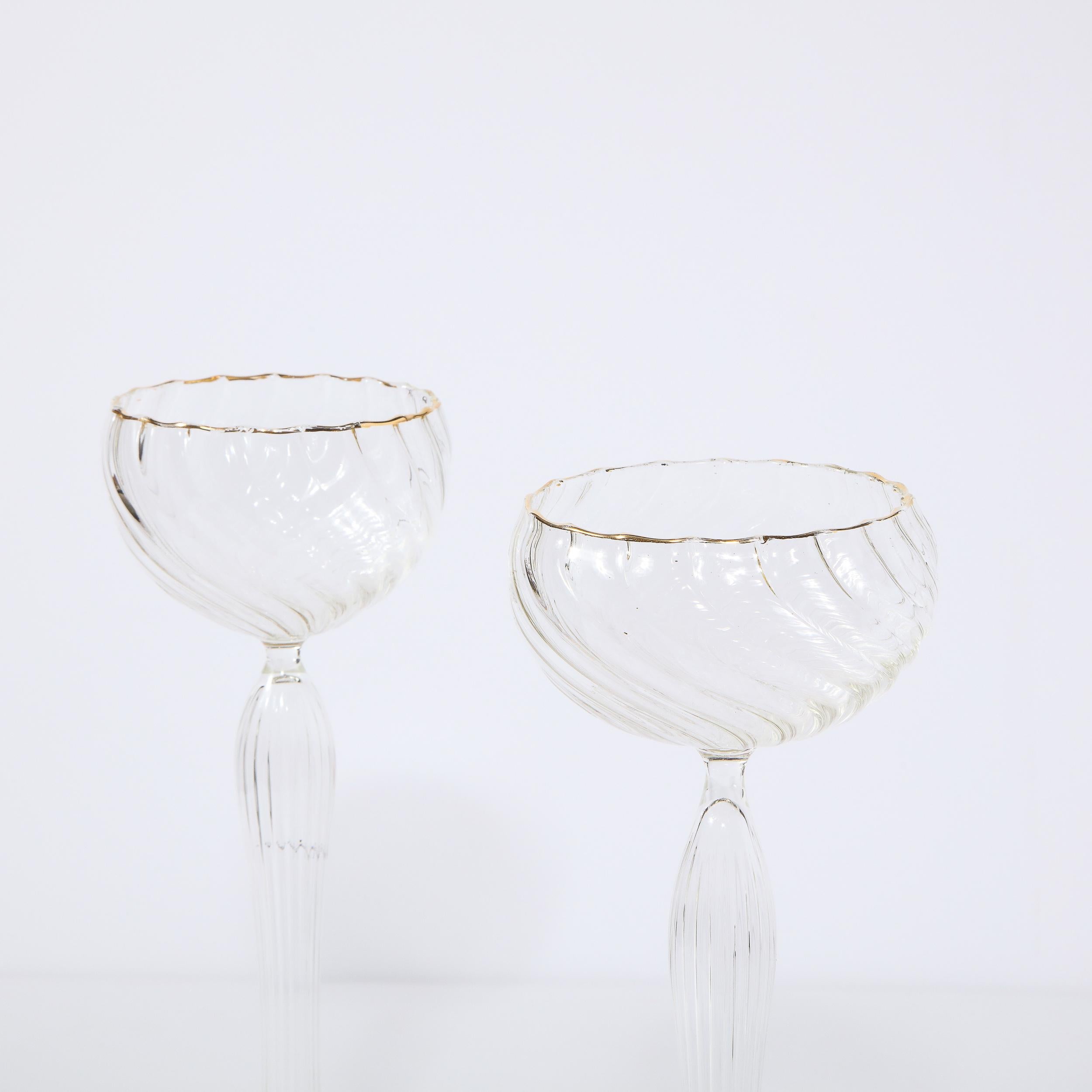 Italian Pair of Signed Renata Gandini Modernist Clear Glass & 24kt Gold Candlesticks For Sale