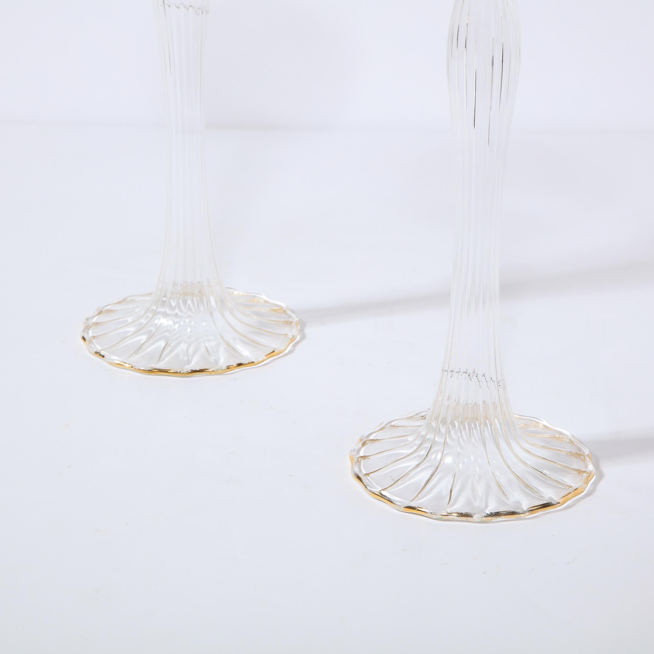 Pair of Signed Renata Gandini Modernist Clear Glass & 24kt Gold Candlesticks In Excellent Condition For Sale In New York, NY