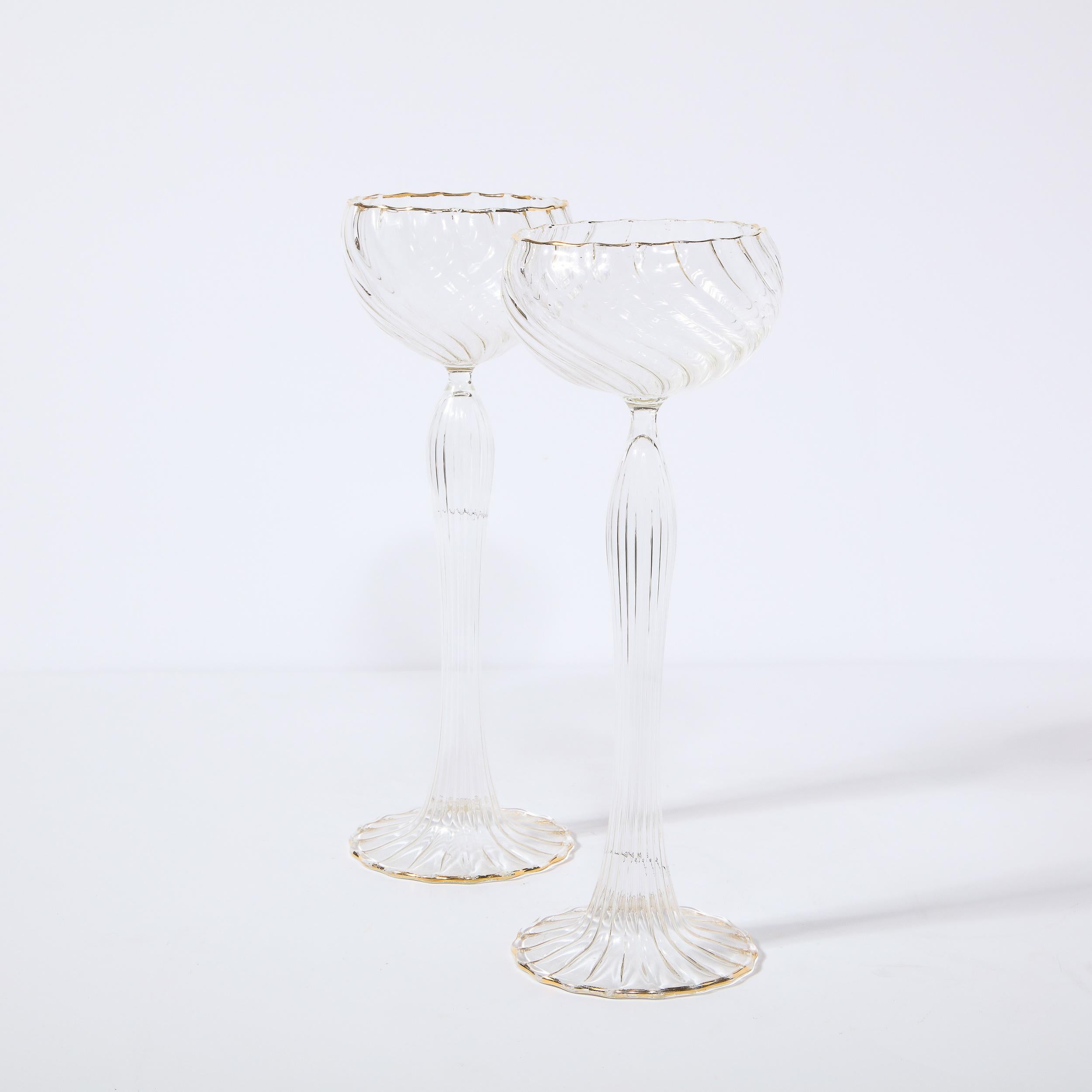 20th Century Pair of Signed Renata Gandini Modernist Clear Glass & 24kt Gold Candlesticks For Sale