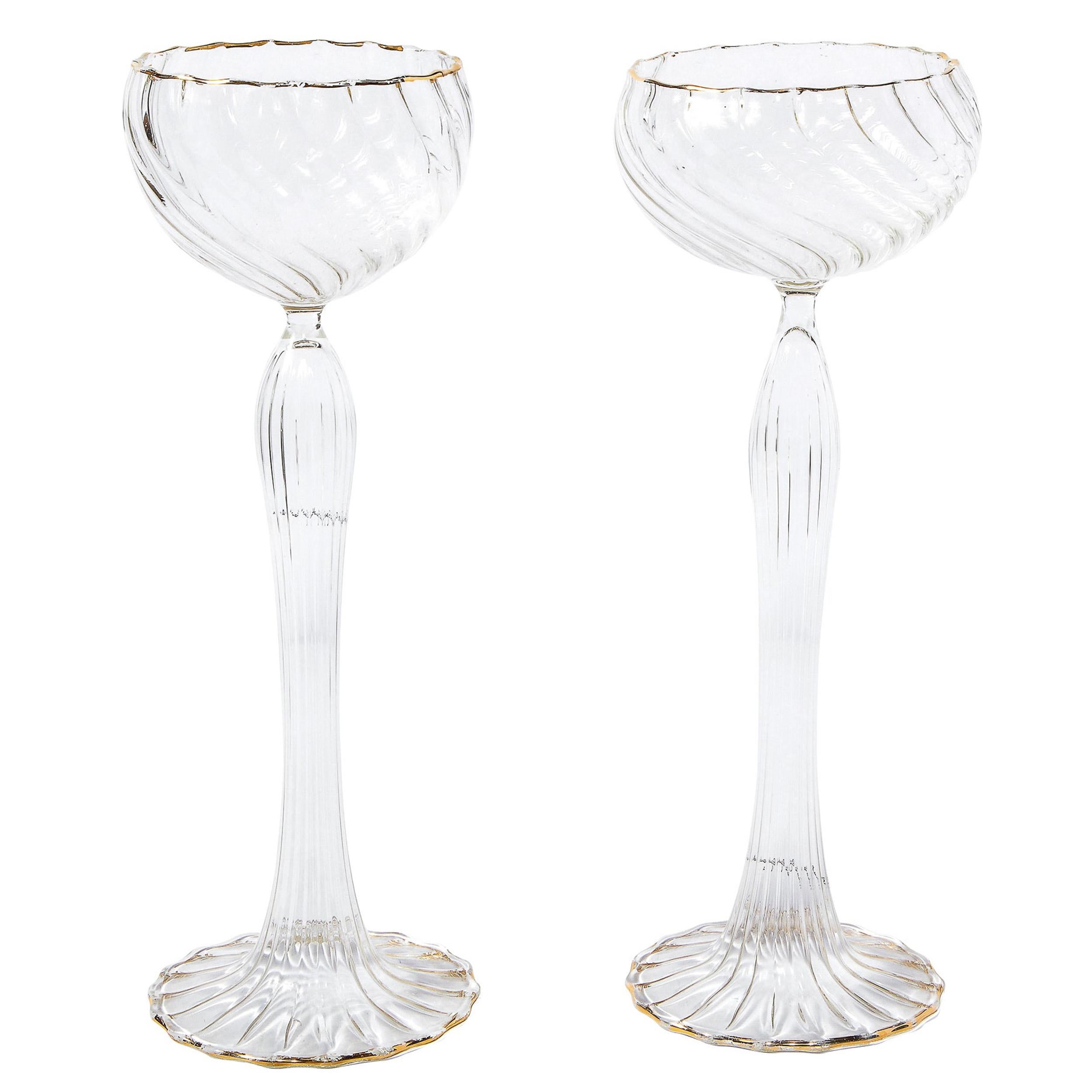 Pair of Signed Renata Gandini Modernist Clear Glass & 24kt Gold Candlesticks For Sale