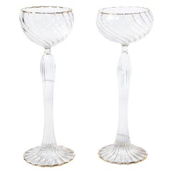 Pair of Signed Renata Gandini Modernist Clear Glass & 24kt Gold Candlesticks