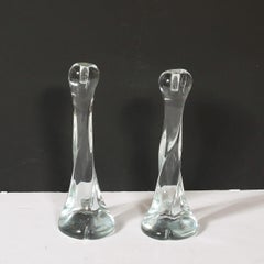 Pair of Signed Renato Anatra Transparent Sculptural Murano Glass Candlesticks