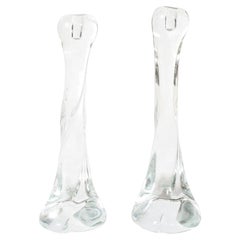 Pair of Signed Renato Anatra Transparent Sculptural Murano Glass Candlesticks