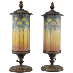 Antique Pair of Signed Reverse Painted Mantel Lamps with Daisies