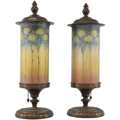 Pair of Signed Reverse Painted Mantel Lamps with Daisies