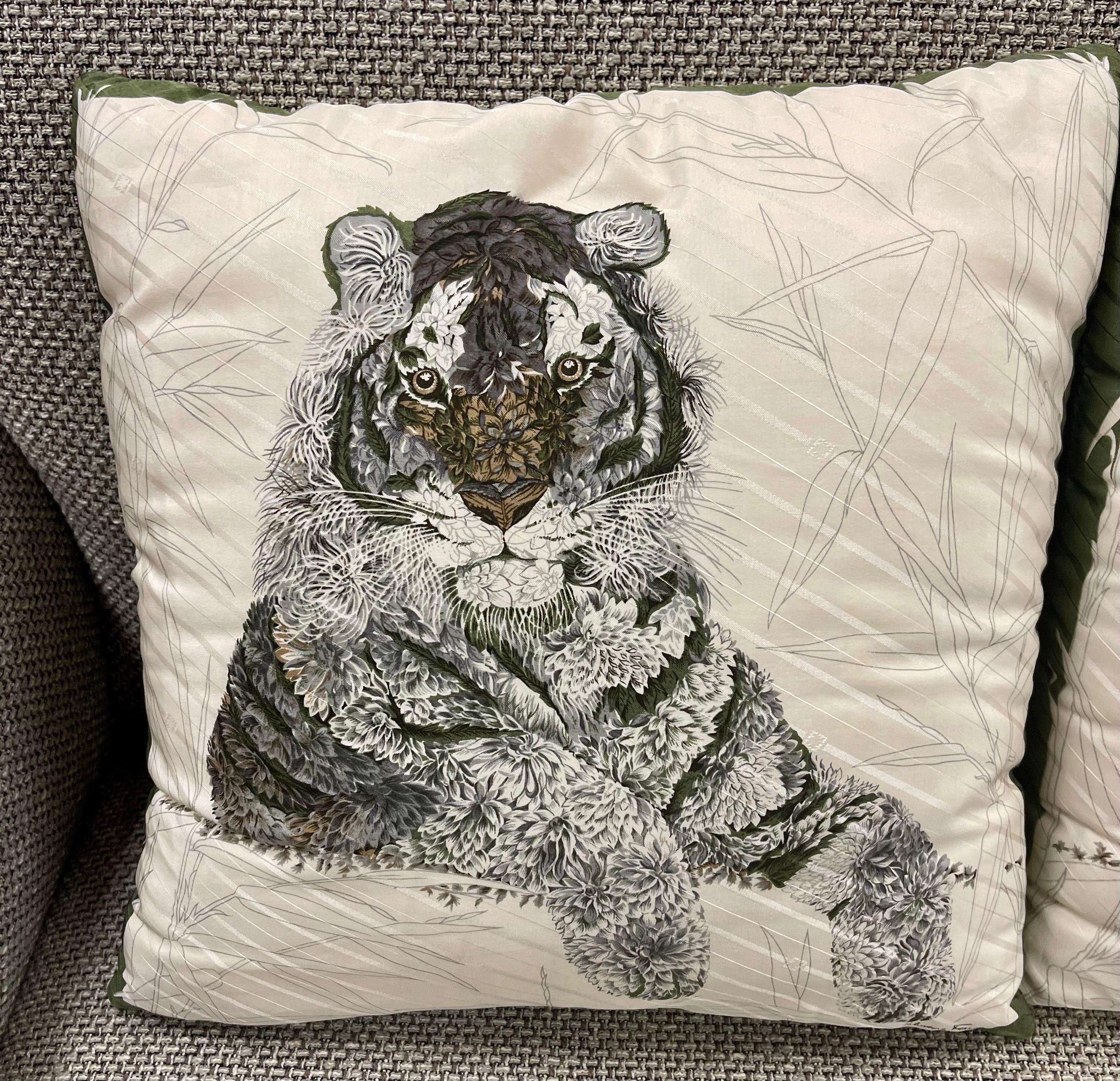 Pair of decorative throw pillows by Salvatore Ferragamo depicting tiger on both sides and green accent color as well, see pics.